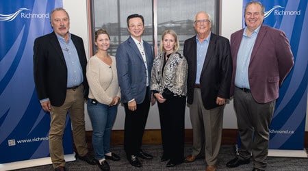 City of Richmond’s Business and Partner Appreciation event presenters (from left to right): Dane Chauel, Organic Ocean; Mellisa Mills, Millsie Fine Foods; Patrick Lo, Canaan Group and Trakking; Theresa Rawle, Vancouver Fraser Port Authority; Mayor Malcolm