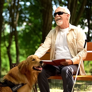 Man with sunglasses sitting on a park bench with a guide dog