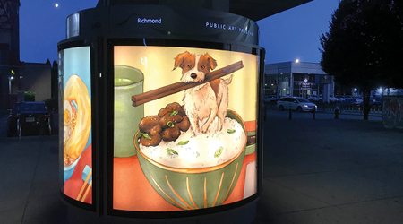 View of art column Terrier-Yaki by Jani Kiu, 2025, Aberdeen Canada Line Station