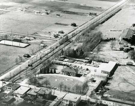 Aerial view of Brighouse area including Richmond Municipal Hall in 1955