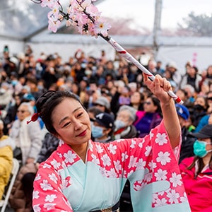 Woman dancing in traditional Japanese dress at the Richmond Cherry Blossom Festival