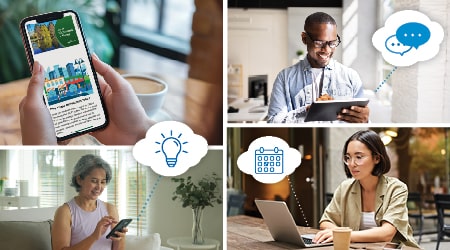Composite of images and graphics depicting people reading the e-News on different devices