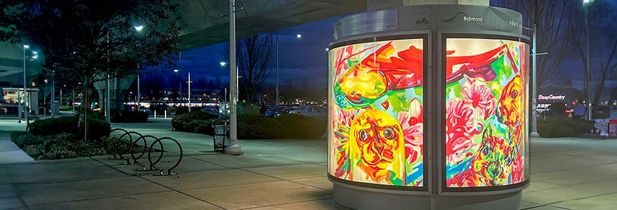 Public art installation of art work on the columns support the Canada Line