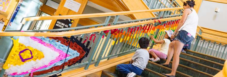 View of a weaving on the stairs of the Richmond Cultural Centre