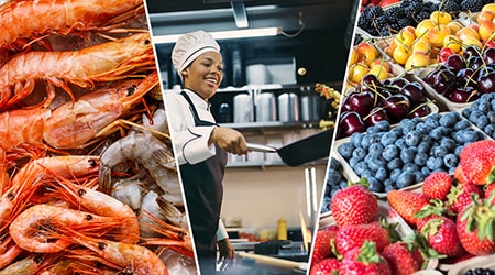 Photo collage of cooked shrimp, chef cooking over a gas stove and fresh fruits at a market
