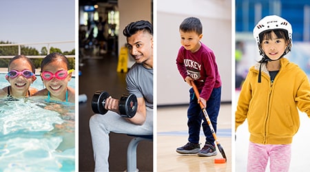 Photo collage of youth swimming, weight lifting, playing floor hockey and skating