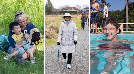 Photo collage of community members enjoying nature, walking and swimming