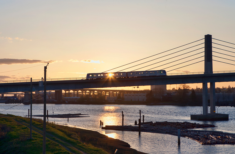 View of Canada Line from Tait Waterfront park trail