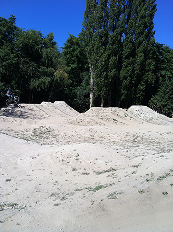 Bike Terrain Park - south facing view of terrain ramps in trees