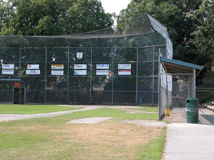 View of Brighouse Park ball diamonds and dugout, facing south