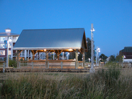 Imperial Landing Park - east facing view of interpretation kiosk and site furnishings at dusk